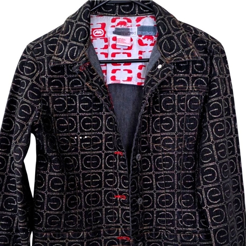 Ecko Red Denim Foundry Vintage Black Gold Metallic Monogram Cropped Jacket‎ Sz L